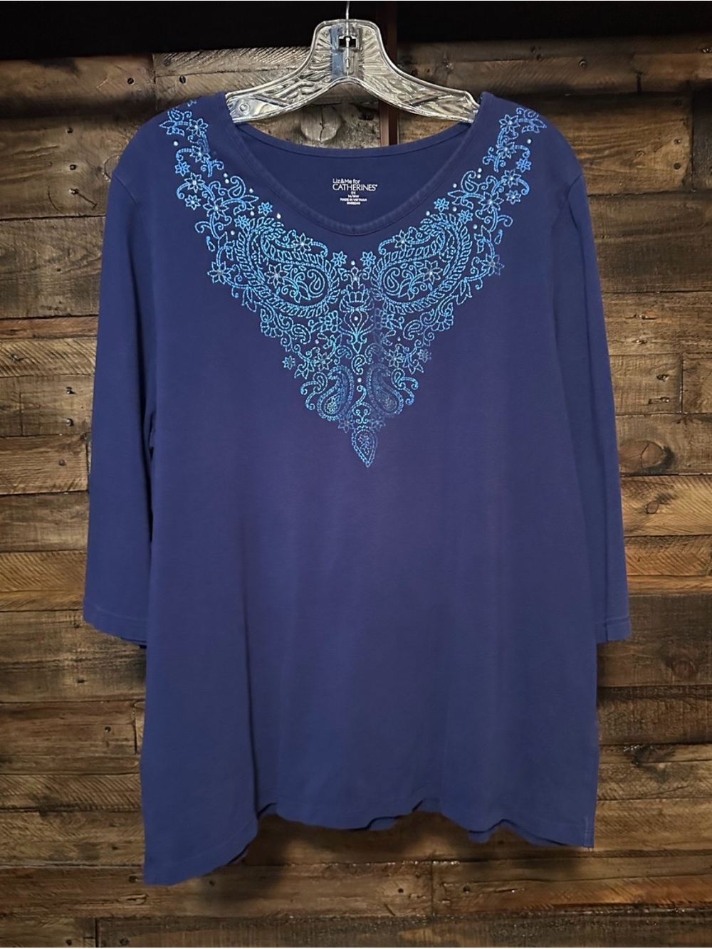 Liz & Me Catherines Blue Glitter Paisley Neck Tunic Top 3/4 Sleeve